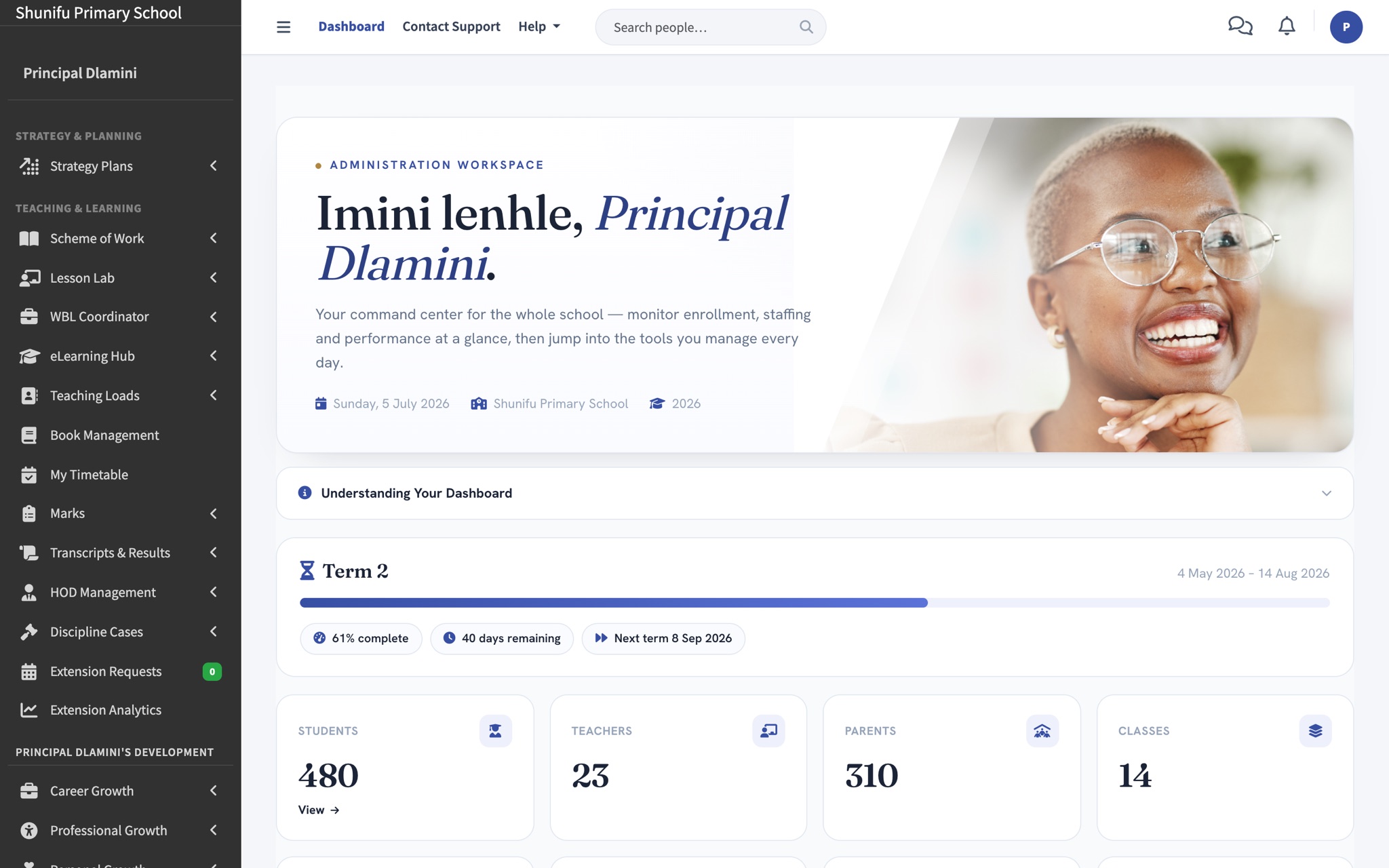 The Shunifu administration workspace showing enrollment, staffing and semester progress at a glance